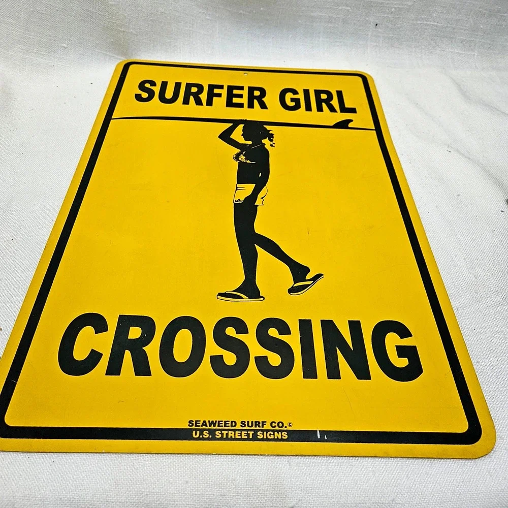 Seaweed Surf Co Surfer Girl Crossing Metal Sign 12x18 Yellow Beach Decor Novelty